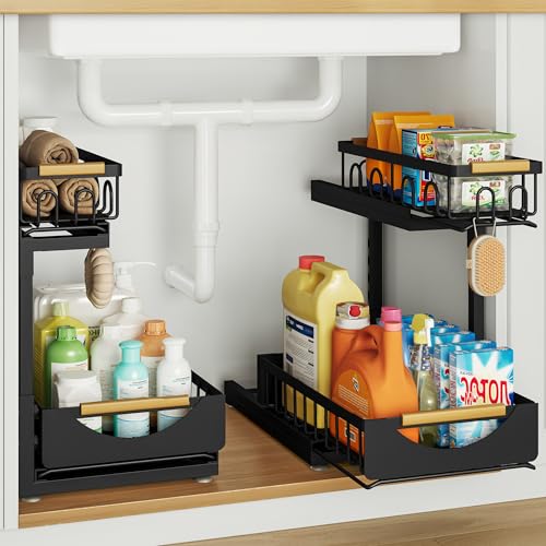 Image of Under Sink Organizer and Storage for Bathroom and Kitchen - 2 Pack 2 Tier | Cabinet Pull Out Shelf Organizers - Slide Out Drawer Organization for Home Cabinets Shelves and Drawers