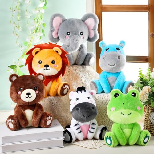 Image of RoundFunny 6 Pcs Forest Animals Toys 7 inch Stuffed Animals Set | Zebra Lion Hippo Bear Elephant Frog Large Animals Plush Toy for Forest Baby Showers Party Decor, Birthday Gifts Award