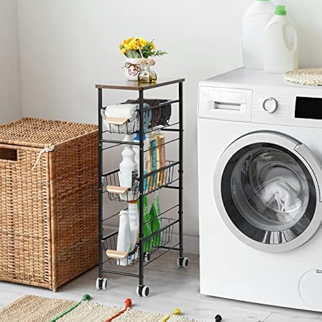 4-Tier Slim Storage Cart, Kitchen Rolling Utility Cart Bathroom Organizer Laundry Room Organization Mobile Shelving Unit with Slide-Out Metal Wire Baskets, Wooden Tabletop & Wheels for Narrow Space-gQJA0rcj