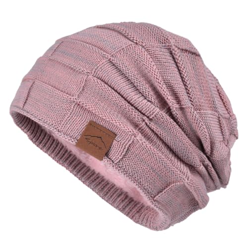 meioro Women Beanie Hat Winter, Knitted Warm Hats, Fleece Lined Women's Beanie Cap, Thermal Windproof Thickened Beanies for Ladies, Slouchy Thick Soft Elastic Caps for Outdoor(Pink)