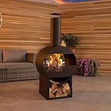 CHARLES BENTLEY 129cm Outdoor, Garden, Patio, Black Powder Coated Steel Modern Patio Heater, Chimenea, Wood And Charcoal Burner, With Poker, Log Storage, Contemporary Design, In Black (129x55x40cm)