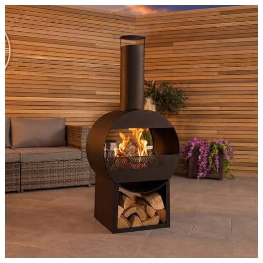CHARLES BENTLEY 129cm Outdoor, Garden, Patio, Black Powder Coated Steel Modern Patio Heater, Chimenea, Wood And Charcoal Burner, With Poker, Log Storage, Contemporary Design, In Black (129x55x40cm)