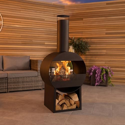 CHARLES BENTLEY Chauffage terrasse cheminée Moderne 129cm, Acier Noir, brûleur Bois/Charbon,...