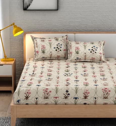 Image of 350 TC Premium Heavy Cotton Feel Elastic Fitted Bedsheet King Size with 2 Pillow Covers || Double Bed with All Around Elastic (Auralia, Fitted - Double72x72)