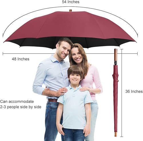 Miniatura 3 de Paraguas grande con mango de madera para lluvia, paraguas de golf abierto automático, resistente al viento, 54 pulgadas, elegante paraguas de