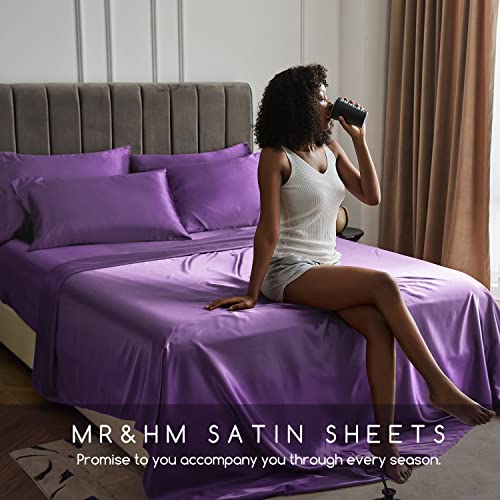 Image of MR&HM Satin Bed Sheets, King Size Sheets Set, 4 Pcs Silky Bedding Set with 15 Inches Deep Pocket for Mattress (King, Lavender)