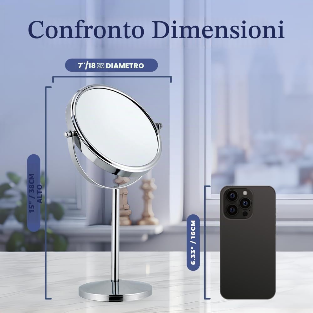 Mirrorvana Specchio Trucco Ingranditore 10X / 1X, Specchio da Tavolo da Bagno, Specchietto Telescopico x10 per Truccarsi, Specchio da Appoggio, 18cm (Cromato)