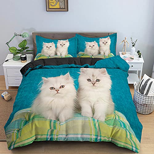 Funda Nordica Infantiles Gato Persa Blanco Edredón Cama 90 para Niñas Niños con Cremallera 110gsm Microfibra Suave Transpirable Fundas Nordicas 135x200 cm + 1 Fundas de Almohada 50x80 cm