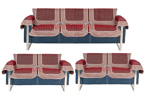 Image of Premium Chenille Woven Anti-Slip 7 Seater Sofa Cover with Arm Rest | L-Shape Sofa Seat Protector for Living Room | Durable & Stylish Slipcover - Maroon - 3D