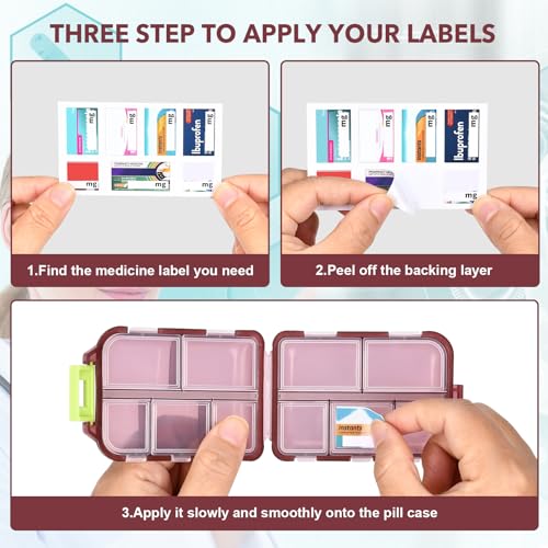 Image of Medicine Pill Organizer with 189 Labels, 10 Compartments Travel Pill Box, Mini Case, Compact Container for Purse (Brown)