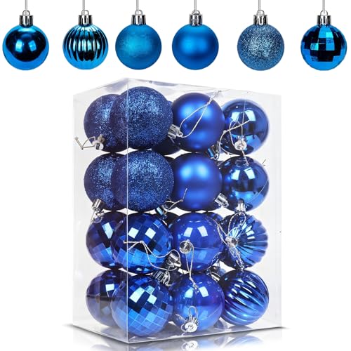 24Pcs Blue Baubles for Christmas Tree Decorations 60mm/2.36 Large Xmas Bauble Hanging Ball Christma Balls Ornaments with String Shatterproof Navy Christmas Baubles for Xmas Tree Holiday Party Decor