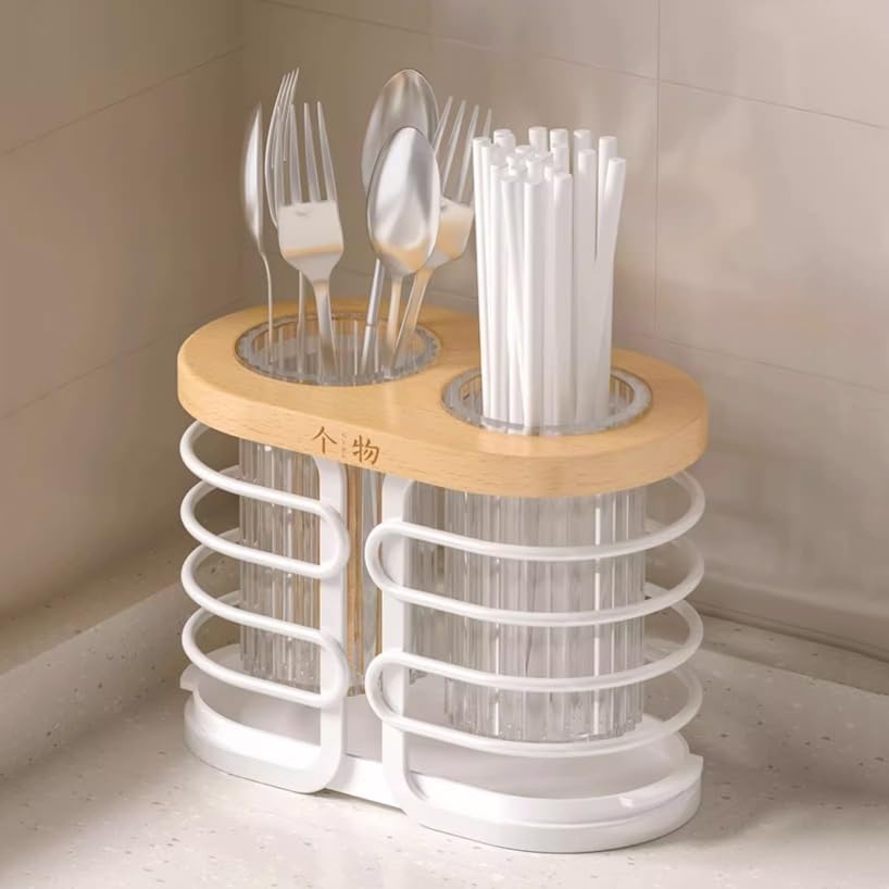 Encimera Organizador de cubiertos de cocina con marco de haya de alambres de metal blanco, soporte for utensilios de 2 compartimentos, estante de drenaje for cubiertos for encimera Organizador