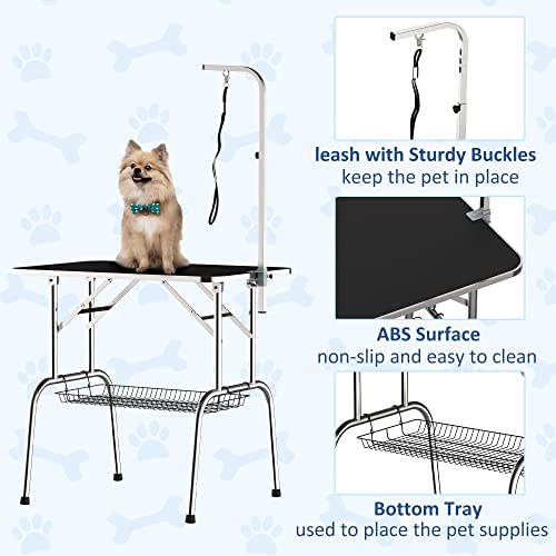PawHut Trimmtisch für Hunde Hundepflegetisch klappbar, Haustierpflegetisch mit höhenverstellbarem Galgen, Schlingen, Netzkorb, Schertisch bis 150 kg, 90 x 60 x 75 cm, Schwarz
