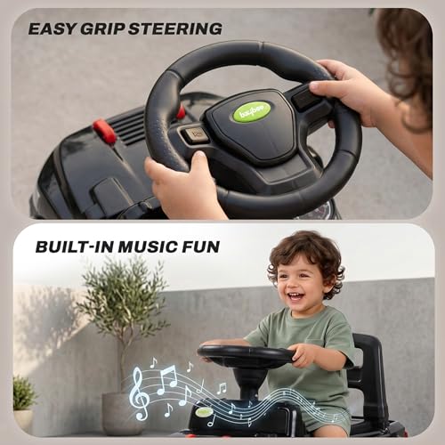 Image of Baybee Speedy Baby Ride on Car for Kids | Portable Kids Car with LED Lights, Music & Storage Basket | Push Toy Cars with High Backrest | Toddler Rideons Jeep for 1 to 3 Years Boys Girls (Black)