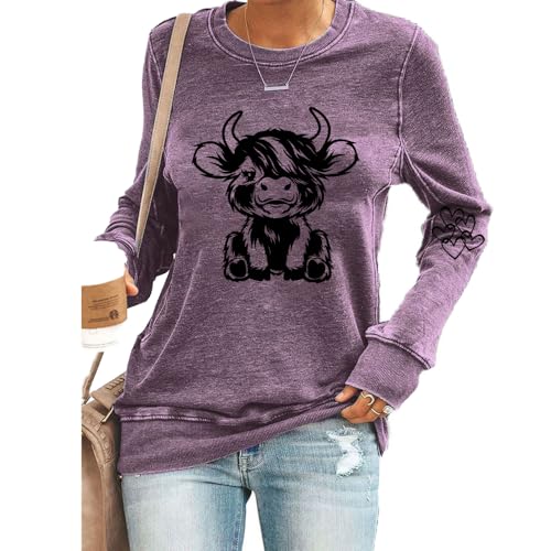 Image of Highland Cow Sweatshirt Cow Sweatshirts Western Cow Print Shirt Cute Highland Cow Sweatshirts for Women Country Sweatshirts for Women Highland Cow Print Casual Sweatshirt for Women Purple
