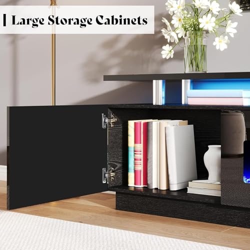 Image of AMERLIFE 90 inch High-Gloss Fireplace TV Stand with 50 inch Electric Fireplace | Black LED TV Console, Modern Living Room Entertainment Center, Fits TVs up to 100 inch, 2 Cabinets, 2-Tier Storage Space