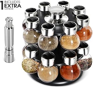 16-Jar Kitchen Spice Rack with Salt & Pepper Grinders 3 Oz Glass Jars