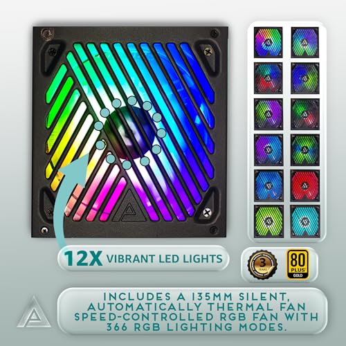 Image of Apevia ATX-PM1000W PCIe 5.0 & ATX 3.0 Ready Premier 1000W 80+ Gold Certified, Includes PCIe 5.0 / Gen 5 12VHPWR Connector, Active PFC ATX Semi-Modular Gaming Power Supply with 366 RGB Light Modes