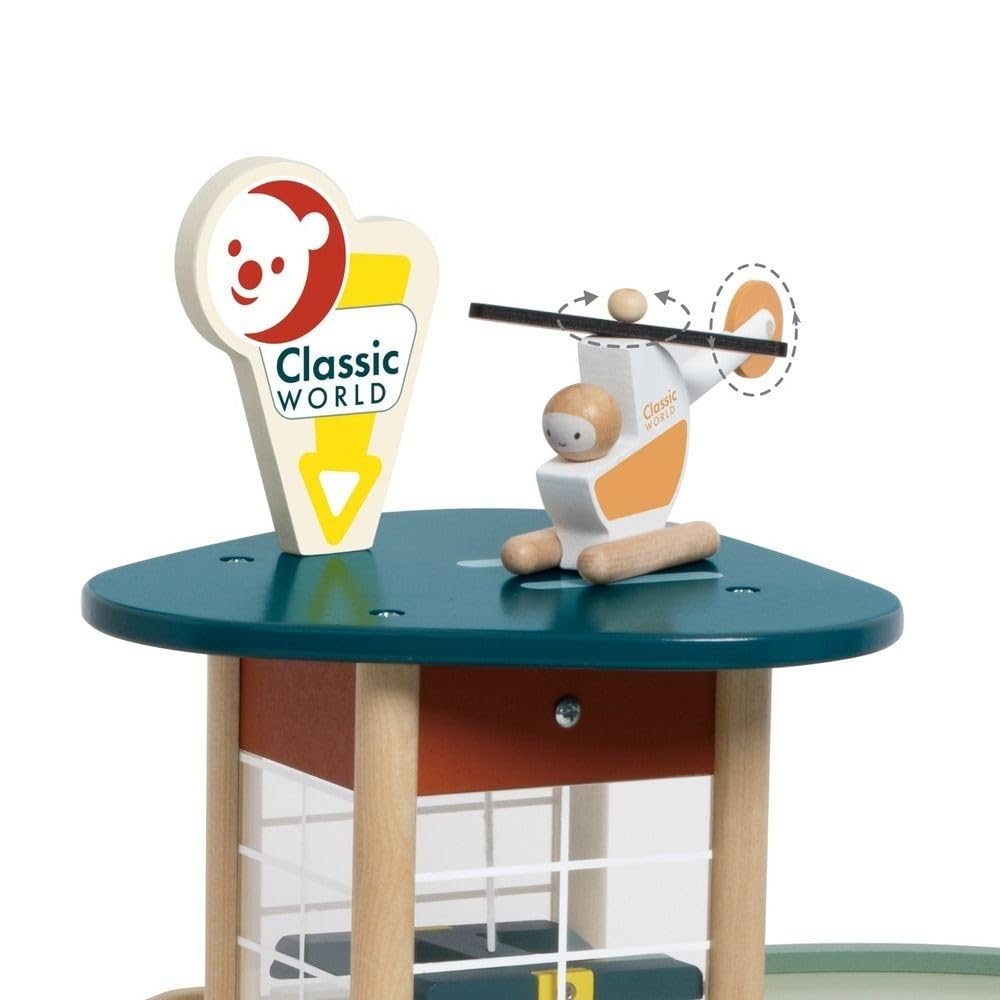 Classic World Parkgarage 3-stöckig aus FSC-Holz & Bio-Kunststoff, Retro-Parkhaus mit Aufzug, Tankstelle, Autos & Hubschrauber, Spielgarage ab 3 Jahren