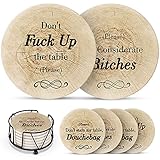 Sarcastic Funny Coasters for Drinks with Holder - Absorbent Drink Coasters Set 6 Pcs - Housewarming Gift for Friends - Men, Women Birthday - Cool Home Decor - Living Room, Kitchen, Bar - Brown