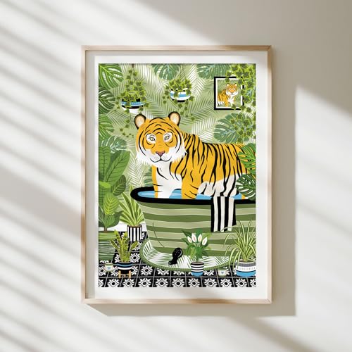 Parmaro Tiger Bath Print - A4 UNFRAMED, Animal Toilet Decor, Green Black, Tropical Bathroom Theme, 29.7L x 21W cm - Image 2