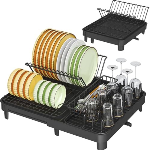 YunNasi Escurridor Extensible (32-52.5 cm) Escurreplatos Acero Inoxidable Negro Escurridor de Platos de Alta Capacidad con Bandeja Recogegotas y Portacubiertos (L)