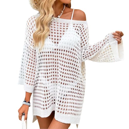 Crochet Swimsuit Cover Ups for Women Sexy Mesh Hollow Out Bikini Cover Up Summer Beach Swimwear Knit Pullover Tops