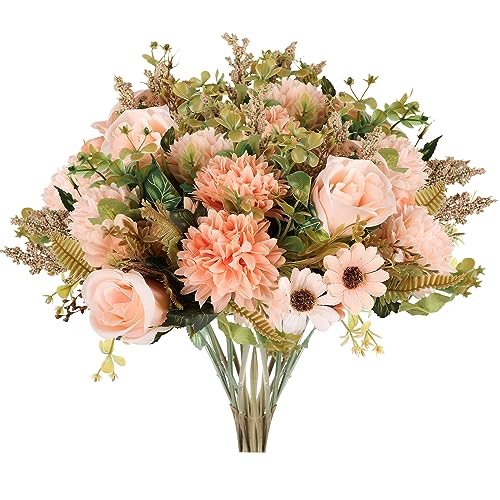 Artificial Flowers 3 Bundles Fake Fall Flowers Pink Fake Roses Autumn Faux Flowers Silk Bouquets with Hydrangea Arrangement for Fall Wedding Party Bridal Baby Shower Home Decor(Champagne)