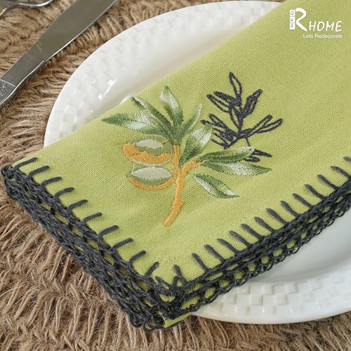 Image of R home Premium Embroidered Cotton Table Napkins Set of 6 Reusable Cloth Dinner Napkins Soft Washable Dining Table Linen Elegant Kitchen Coffee Table Decor (R home Olive sprig, 40X40 CM)