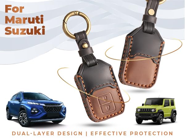 Image of keyzone dual leather key cover for Swift, DZire, Baleno, Ertiga, Grand Vitara, Brezza, Fronx, Jimny XL6, Ignis, Glanza, Urban Cruiser Hyryder, Rumion 2 button smart key