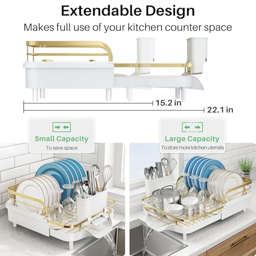 Image of SNTD Dish Drying Rack, Expandable Dish Rack for Kitchen Counter, Stainless Steel Dish Drainer with Drainboard Set and Utensil Holder (Gold)