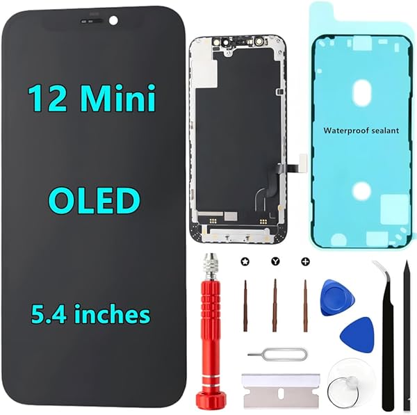 OLED for iPhone 12 Mini Screen Replacement Kit [OLED,NOT LCD] 5.4'' Full HD Display 3D Touch Digitizer Assembly A2176 A2398 A2399 A2400 with Repair Tools and Waterproof sealant