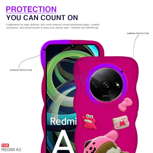 Image of AESTMO Back Case Cover for Redmi A3 | 3D Cute Fun Cartoon Characters | Anti Slip Grip Cute Wave Curly Frame Shape | Full Body Protection Back Cover for Redmi A3 |(Pink)