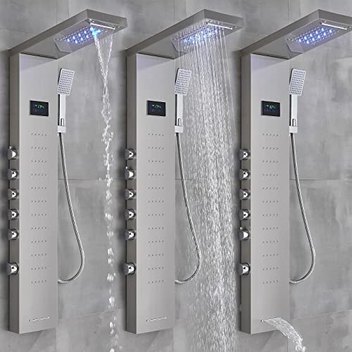 Panel de ducha de lluvia en acero inoxidable con luces LED, sistema de torre con chorros de masaje corporal miniatura 5
