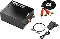 Conversor de Áudio Digital para Analógico Óptico Toslink e Coaxial p/RCA Estéreo + Fonte de Alimentação + Cabo de Áudio 2 RCA | Adaptador Áudio Digital Analógico Acessório Eletrônico