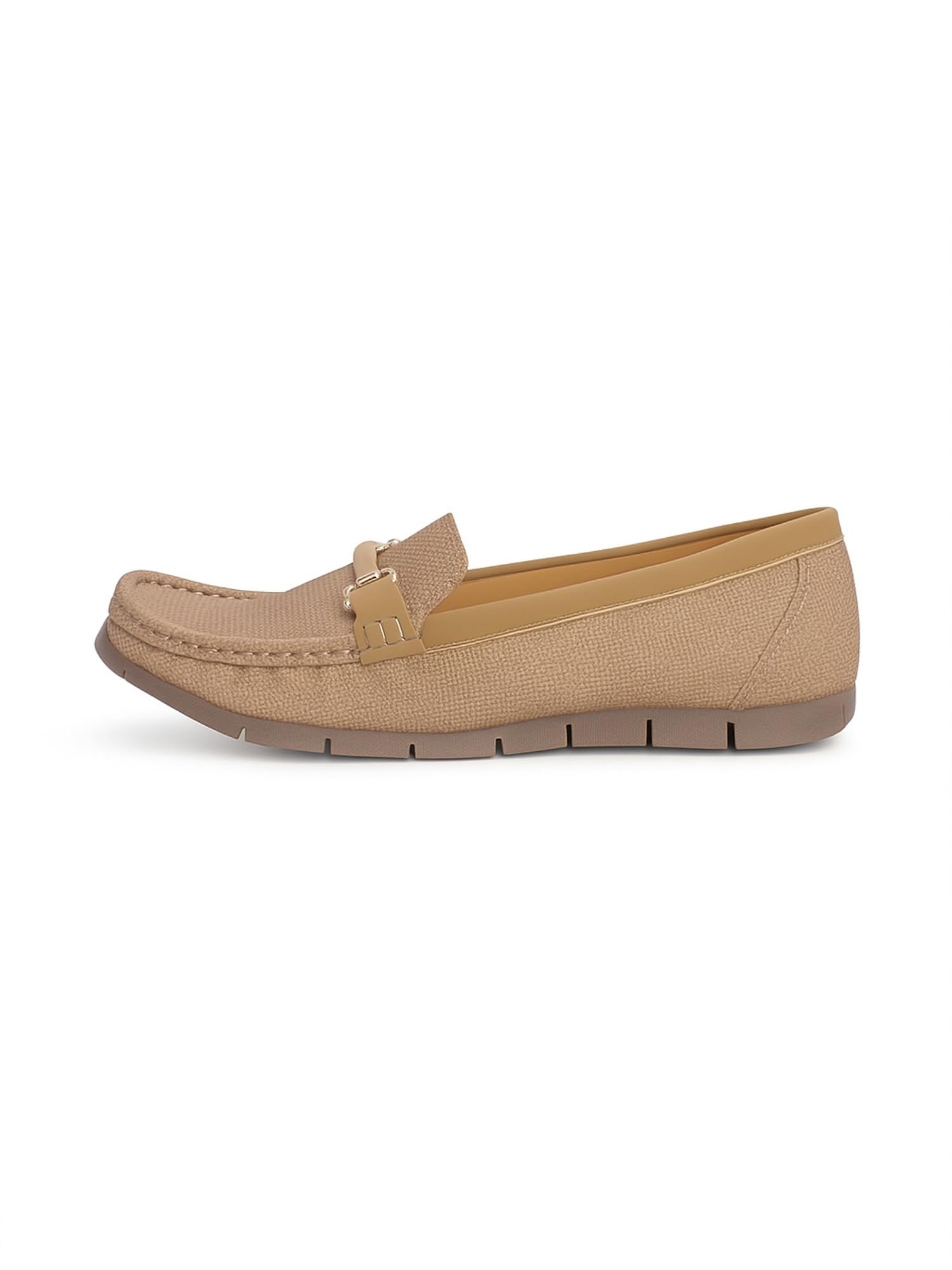 Women's Textured Loafers with Arch Support, Women Stylish Loafer Shoes with Gold Buckle Accent, Girls Comfortable Slip On Bellies, Ladies Latest Office Shoe, Khaki Brown-image-26