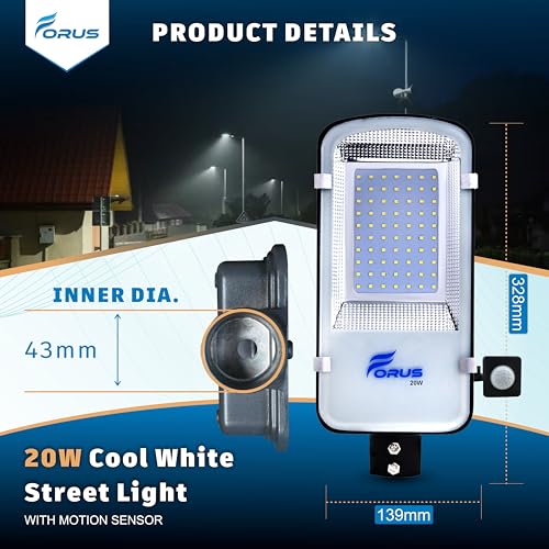 Image of Forus 20W LED Street Light with Motion Sensor - Auto On /Off, Day-Night, 15ft Detection Waterproof Outdoor 20 Watt Lamp for Road, Parking Lot, Industrial Area, Aluminium 4-Year Warranty Cool White -1PC