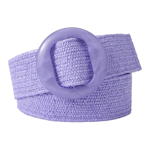 Women PP Straw Braided Elastic Belt Solid Color with Round Buckle