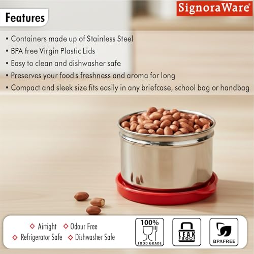 Image of Signora Ware Mini Fresh Stainless Steel Small Container | Airtight & Leakproof | Compact & Travel-Friendly | Easy to Carry | Perfect for Office, School & Home Use (170ml | Red)