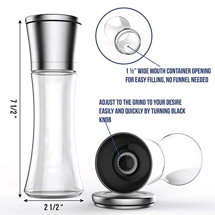 Dual Elegant GRINDER 7 inch tall, Stainless Steel and Glass grinder, with Adjustable Ceramic Grinder, Spice Mill, Pepper Grinder or Salt Grinder, shaker for seasoning, refillable grinder