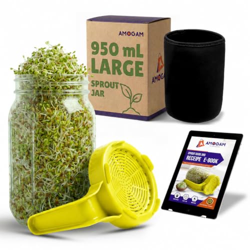 Image of Sprouts Maker Glass Jar - 950ml Large Sprouts Maker Jar for Home Use | BPA-Free Sprouting Jar with Drain Lid Handle | Reusable Glass Sprout Maker Jar for All Seeds and Beans (Yellow)