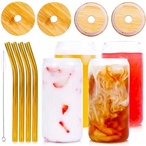Vikeyhome 4 Pack Drinking Glasses, Can Shaped Glass Cups With Bamboo Lids And Gold Stainless Steel Straws, 16 Oz Beer Glasses, Iced Coffee Glasses, Cute Tumbler For Jam, Juices And Cocktail #TOP20