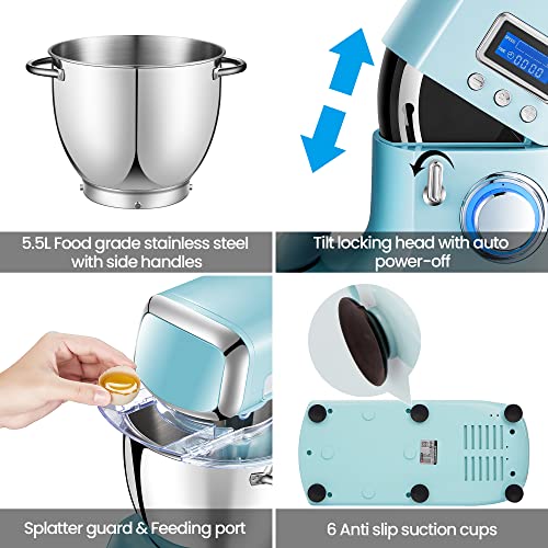 Küchenmaschine, HAUSWIRT Knetmaschine Rührmaschine mit LCD-Timer 1800W, Teigmaschine mit 8 Geschwindigkeiten, 5,5 L… – Bild 6