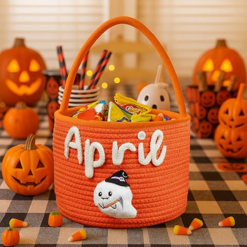 Custom Halloween Trick or Treat Basket with Name | Personalized Halloween Candy Bucket Gift for Boys Girls | Customized Pumpkin Bucket Ghost Bucket