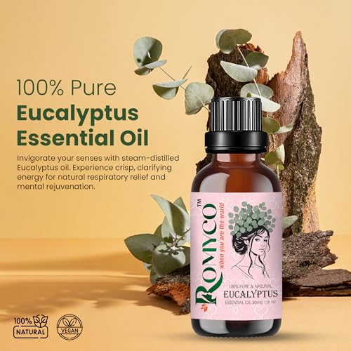 Image of Romyco Eucalyptus Essential Oil 30ml (Nilgiri) for Skin Hair Steam Inhalation & Massage | Aromatherapy Diffuser Oil | Premium Natural Undiluted Therapeutic Grade