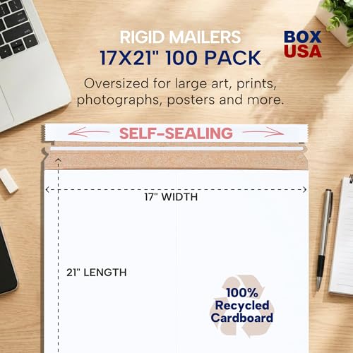 Image of BOX USA Rigid Mailers 17 inch x 21 inch (100-Pack) - Cardboard Mailer Envelopes for Posters, Large Prints, Architectural Plans - Stay Flat