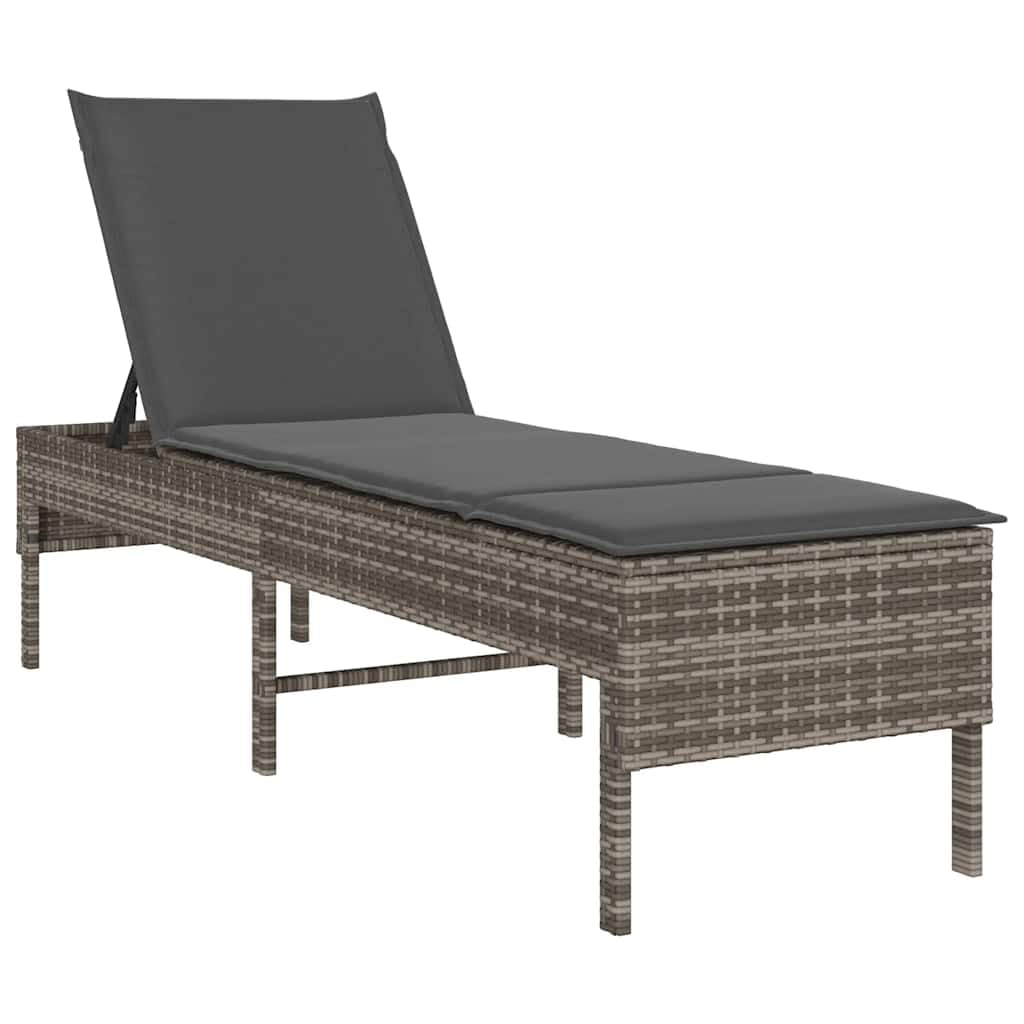 Leżak z poduszką Szary 55x200x44cm Polirattan Regulowany Oparcie Ogrodowy Plażowy Wygodny Leżak Siedząco Leżący z Poduszką Szary na Taras Balkon Ogród Odporny na UV