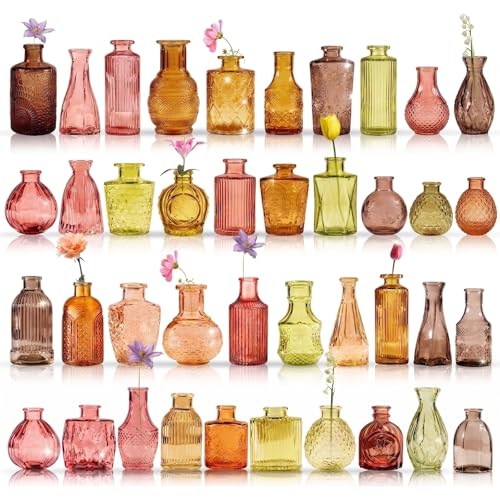 Yabool 40 Pcs Colorful Glass Bud Vase Set Small Colored Vintage Vases for Centerpieces Cute Glass Bud Vases in Bulk Decorative Flower Vases for Wedding Home Table Decor