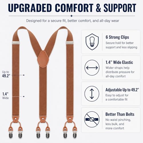 Image of Men's Heavy Duty Y-Back Suspenders, 6 Strong Metal Clips Adjustable Elastic Straps for Work, Tuxedos, and Daily Wear