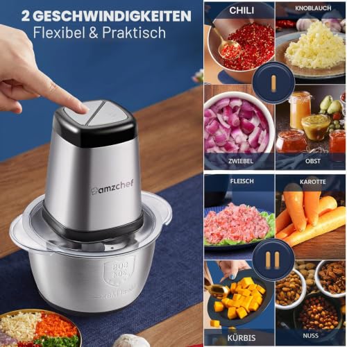 Foto von AMZCHEF Zerkleinerer Küche Elektrisch, 500W Multizerkleinerer mit 1,5L Edelstahlschüssel, 2 Geschwindigkeitsstufen, 4 Klingen für Fleisch, Gemüse, Zwiebel, Obst, Sicherheitsfunktion